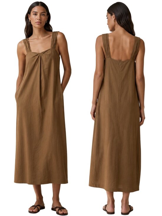 Vince Dresses & Skirts - Vince Linen Square Neck A-Line Midi Dress Women's Large Brown Minimalist Chic